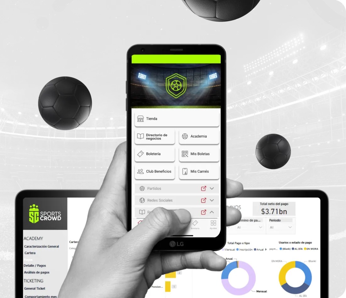 App de un club en el celular y el panel de gestión con tableros de pagos